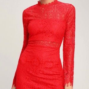 Beautiful shade of red, lacy mini dress with see through details